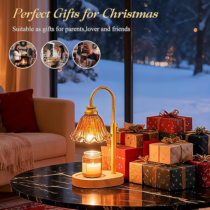 Candle Warmer Lamp with Adjustable Height - Flameless 4-Level Dimmable Wax Warmer with Colorful Glass Shade & Wooden Base, Timer Function & Stylish Design in Multiple Colors (Brown)
