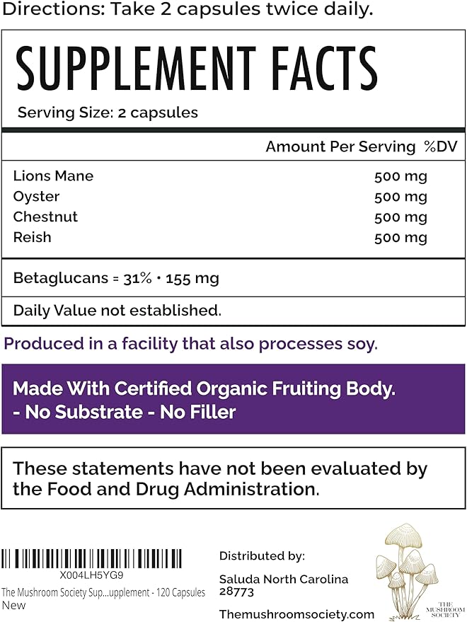 Super Stacker - 4-in-1 Mushroom Supplement Wellness Blend - Lion’s Mane, Oyster, Chestnut & Reishi - Immune, Focus & Daily Vitality - 120 Vegan Capsules