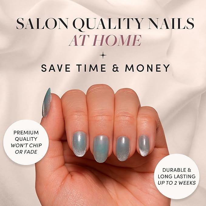 Glamnetic Press On Nails - Unicorn Tears | Short Oval, Misty-Grey Nails with a Mesmerizing Metallic Finish | 15 Sizes - 30 Nail Kit with Glue