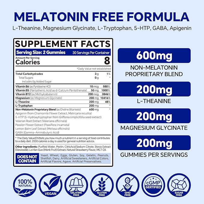 Melatonin Free 5-HTP GABA Supplement Gummies for Adults & Kids 12+ with L-Theanine, Magnesium Glycinate, L-Tryptophan, Apigenin - Sugar Free, Strawberry Flavor, Vegan, 120 Count
