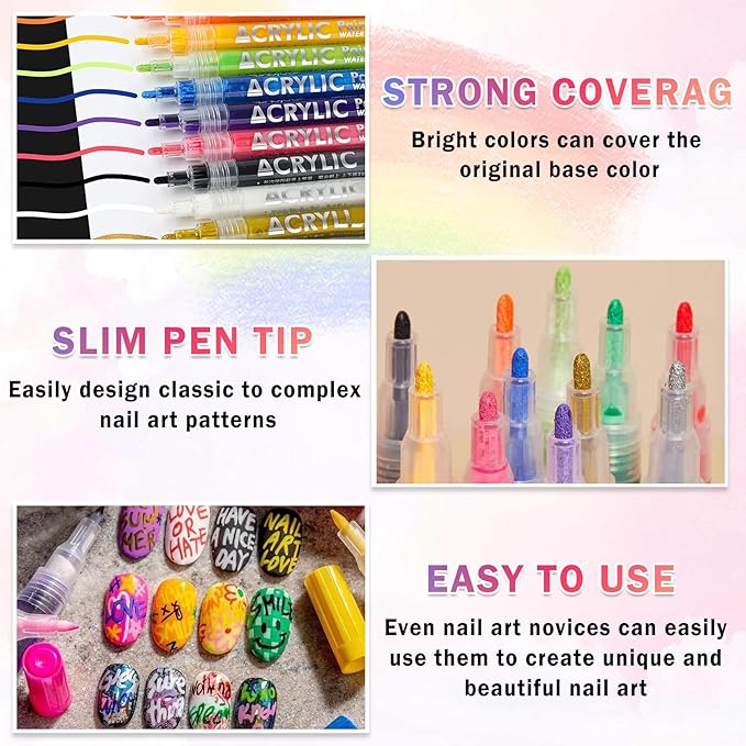 18 Colors Nail Art Pens Set Nail Polish Pens Nail Art Drawing Graffiti Marker Pen Quick Dry Waterproof Nail Art Painting Pens Kit for Home DIY Nail Art Design
