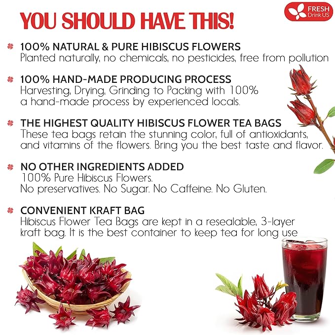 FreshDrinkUS, Premium 140 Hibiscus Flowers Tea Bags, 100% Natural, Handmade & Pure from Hibiscus Flowers. No Sugar/Caffeine/Gluten, Vegan. Tart & Refreshing, Hot or Ice Tea, Great For All Seasons