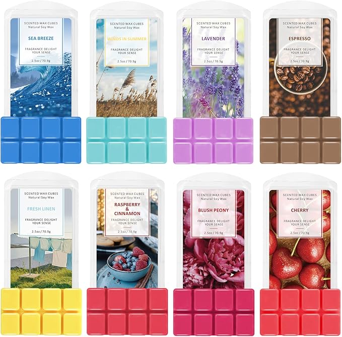 SCENTORINI Wax Melts Wax Cubes, Scented Wax Melts for Wax Warmer, Sea Breeze, Lavender, Linen, Winds in Summer, Cherry, Espresso, Raspberry & Cinnamon, Blush Peony 8 x 2.5 oz