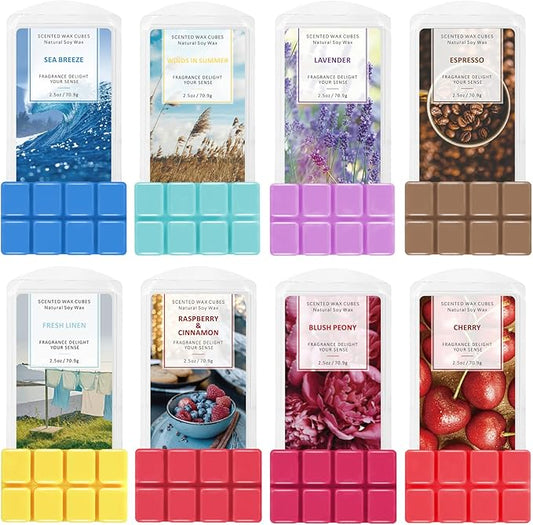 SCENTORINI Wax Melts Wax Cubes, Scented Wax Melts for Wax Warmer, Sea Breeze, Lavender, Linen, Winds in Summer, Cherry, Espresso, Raspberry & Cinnamon, Blush Peony 8 x 2.5 oz