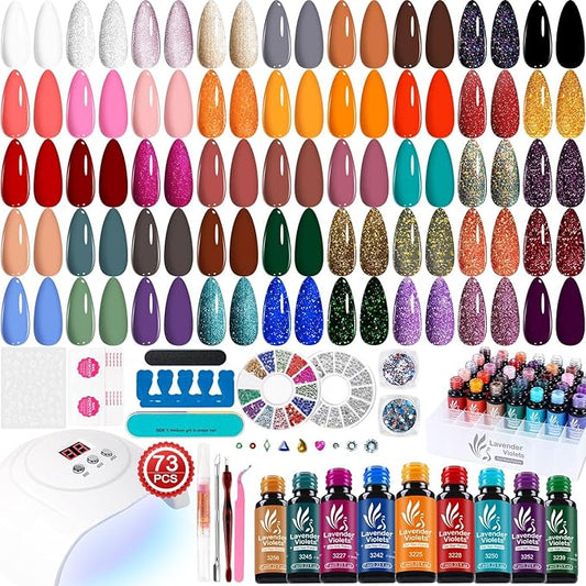 Lavender Violets 73 Pcs Gel Nail Polish Kit with U V Light, 45 Colors with Nail Primer,Builder Base,Matte & Glossy Top Coat Soak Off Manicure Tools Gifts for Women LA06