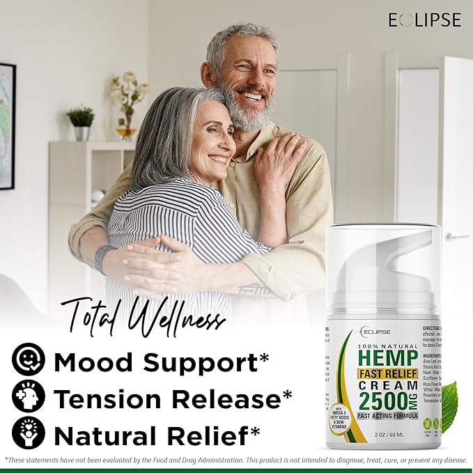Hemp Cream by Eclipse - Non-Greasy, Targeted Long-Lasting Relief - Natural Hemp Extract Cream - Made in USA - 2 Pack