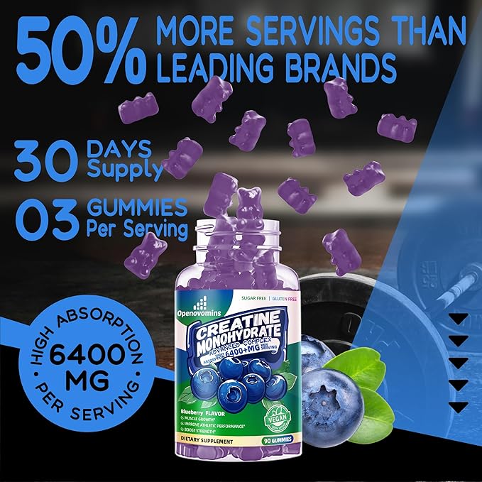 Creatine Monohydrate Gummies Complex for Men & Women -Advanced Formula W/L-Taurine + Vitamin B12, Sugar Free Chewable Supplement,90 Blueberry Gummies