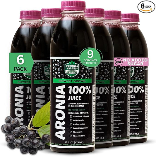 Akronia Valley 100% Aronia Berry Juice | 16 Fl Oz (Pack of 6) One Month Supply | Gluten Free Superfood Juice Drink