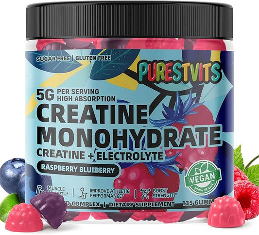 Creatine Monohydrate Gummies (5g) – Pre-Workout Energy & Muscle Growth Support for Men & Women | Blueberry Raspberry Electrolyte Gummies (135 Count)