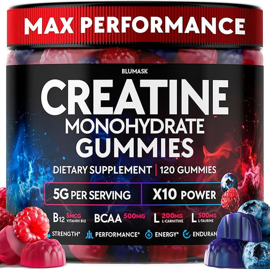 Creatine Monohydrate Gummies Complex 5000 MG for Men & Women, Preworkout Gummy with BCAA, L-Carnitine, Taurine & Vitamin B12 for Muscle Growth, Strength & Energy Support , Flavored and Chewable