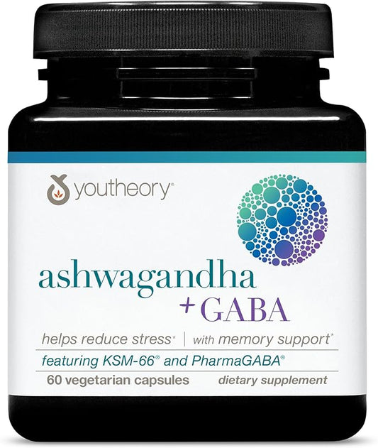 Youtheory Ashwagandha + GABA - Uses Organic KSM-66-1,000 mg Ashwagandha & 100 mg GABA - Cortisol, Energy, Stress & Memory Support Supplement - 60 Vegetarian Capsules (30-Day Supply)