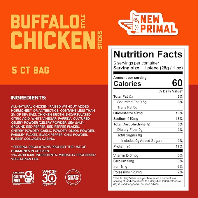 New Primal Buffalo Chicken Sticks, Keto, Gluten Free Healthy Snacks, Sugar Free Low Carb High Protein, Jerky Meat Stick, 9g Protein, 5 Pack