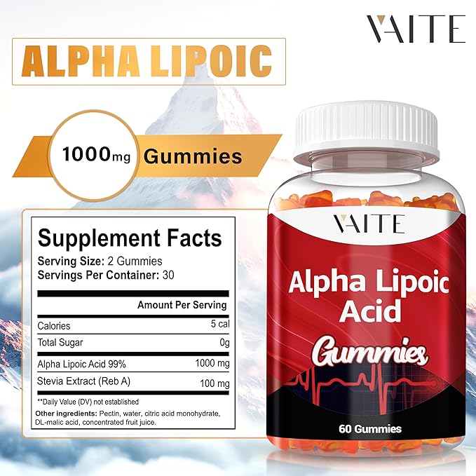 Alpha Lipoic Acid Gummies – Extra Strength ALA Antioxidant Supplement for Brain Health and Nerve Support – Non-GMO, Vegan, Gluten-Free – 60 Chewable Supplements for Antioxidant and Pain Relief (2pack)