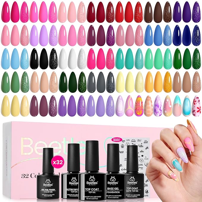 beetles Gel Polish Winter Gel Nail Polish Set Purple Orange Red Brown Black White Blue Nude Green 32 Colors All Seasons Kit with Base Top Coat UV LED Needed Gifts for Women Fingertips Canvas