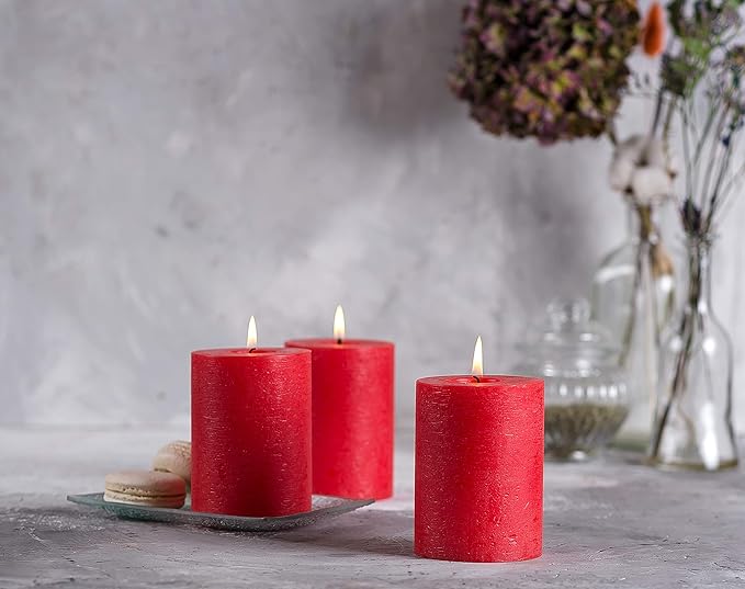 Melt Candle Pillar Candles, 3 Pack - Unscented Candles for Home, Church, Weddings, & More - 3" x 4", Red