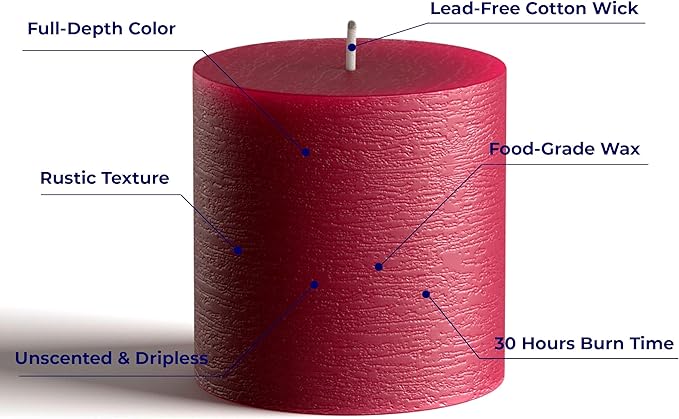 Set of 3 Pillar Candles 3" x 3" Unscented Handpoured Weddings, Home Decoration, Restaurants, Spa, Church Smokeless Cotton Wick - Burgundy