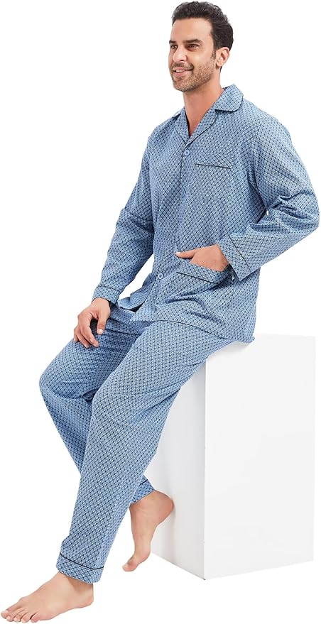 GLOBAL Men's Pajamas Sets 100% Cotton Flannel Sleepwear Long-Sleeve top & Bottom