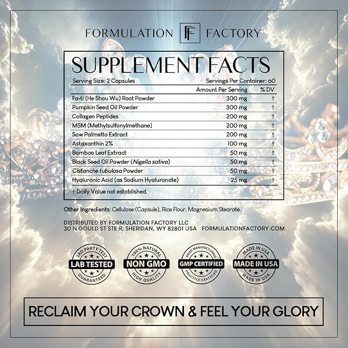 Formulation Factory Crown of Glory 10-in-1 Hair Growth Maximizer, DHT Blocker with Saw Palmetto, Fo-Ti, Collagen, Supports Thicker Hair & Scalp Health (2 Month Supply, 120 Capsules)