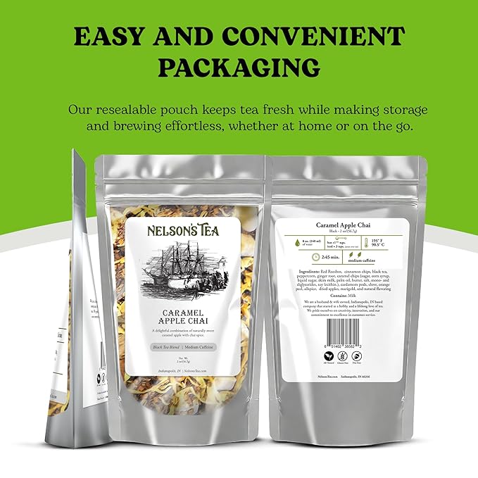 Nelson's Tea Caramel Apple Chai Tea Loose Leaf - Cut & Sifted Red Rooibos Loose Leaf Tea, Black Tea with Cinnamon Chips, Peppercorn, Ginger Root, Cardamom, Clove, Orange Peel and All Spice (2 oz)