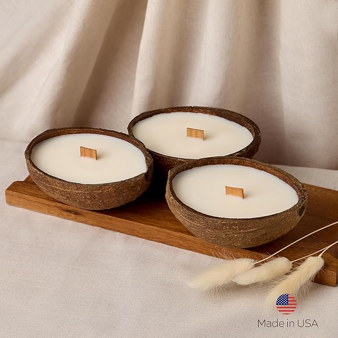 – Set of 3 Separate Scented Candles | Coconut Shell Soy Wax Candle with Wooden Wick | Candles for Home Décor | Gift Idea for Women (Pistachio/Salted Caramel/Coffee)