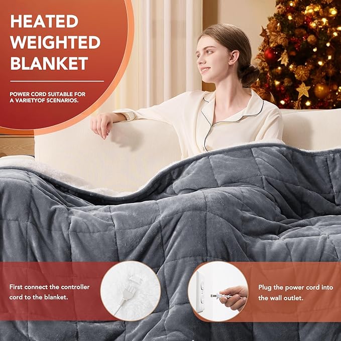 Homemate Heated Weighted Blanket for Adults - 50"x60" 12lbs Electric Throw Fast Heating Heavy Blanket 1/2/4/6/8 Hour Auto Off 10 Heat Levels Over-Heat Protection Comfortable Flannel Sherpa