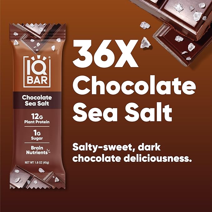 IQBAR Brain and Body Plant Protein Bars - Chocolate Sea Salt - 36-Count - Keto, Vegan, Low Carb, High Fiber, Gluten Free, Dairy Free, Low Sugar Snack with Nutrients for Focus, Energy, Meal Replacement