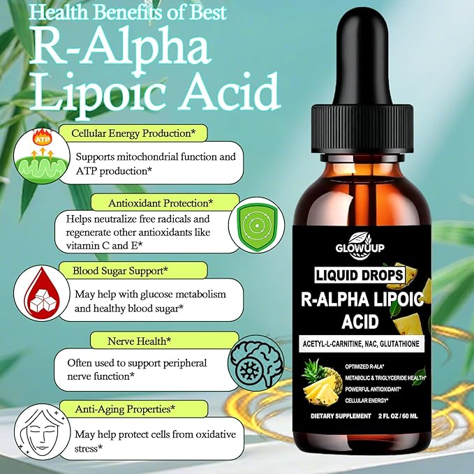 R Alpha Lipoic Acid 600mg Liquid Drops, Pure R-Lipoic Acid Nutritional Supplement for Antioxidant, Cellular Metabolism Energy & Nerve Health*, Enhanced Active R-ALA with 6X Absorption Than Capsules