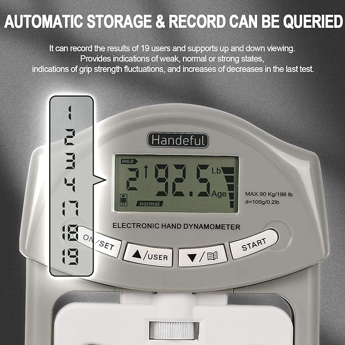 Handeful Grip Strength Tester, Hand Grip Dynamometer (198Lbs / 90Kgs), Electronic Handgrip Testing for Sports Home School Use