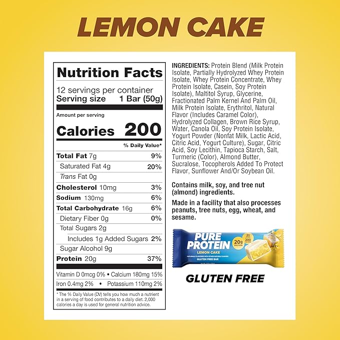 Pure Protein Bars, High Protein, Nutritious Snacks to Support Energy, Low Sugar, Lemon Cake, 1.76 oz, 12 Count (Pack of 1)(Packaging May Vary)