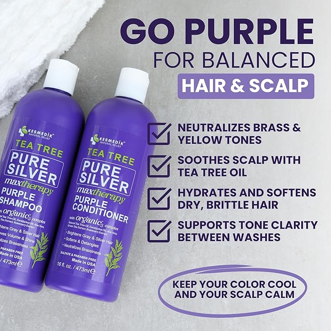 Professional Purple Shampoo & Conditioner Set with Tea Tree Oil for Silver & Grey Hair, Anti-Brass Toner, Neutralizes Yellow Tones, Revitalizes Color & Relieves Itchy Scalp, 16 fl oz Each