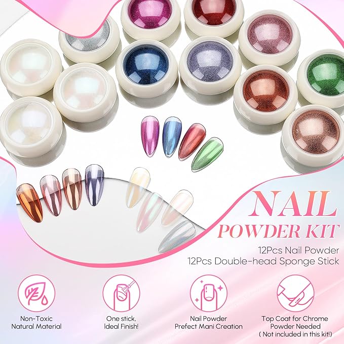 AIMEILI Pearl Chrome Nail Powder, Vegan, Cruelty Free, 12 Colors Aurora Metallic Holographic Mirror Effect Nail Art Pigment Iridescent Shell Glitter Nail Art