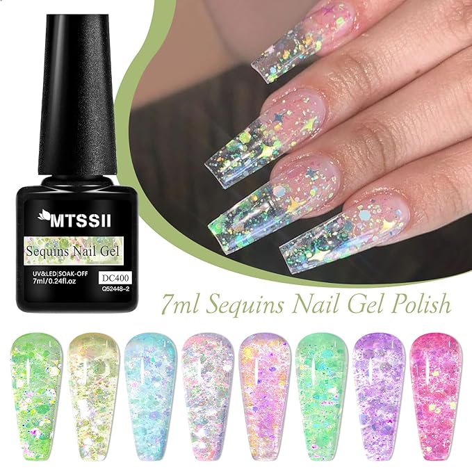 MTSSII Jelly Glitter Gel Nail Polish Set 8 Pcs Transparent Glass Flowinglight Gel Polish Sheer Shiny Sequins Pink Blue Green Purple Gel Nail Kit for Nail Art DIY Manicure at Home