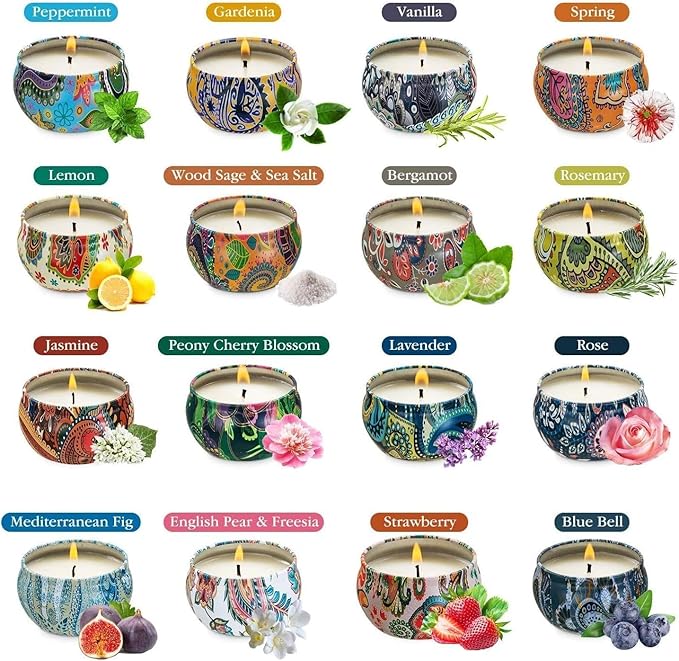 Christmas Scented Candles Gift Set, Natural Soy Wax Portable Travel Tin with Strongly Fragrance Essential Oils for Stress Relief and Aromatherapy - 16 Pack