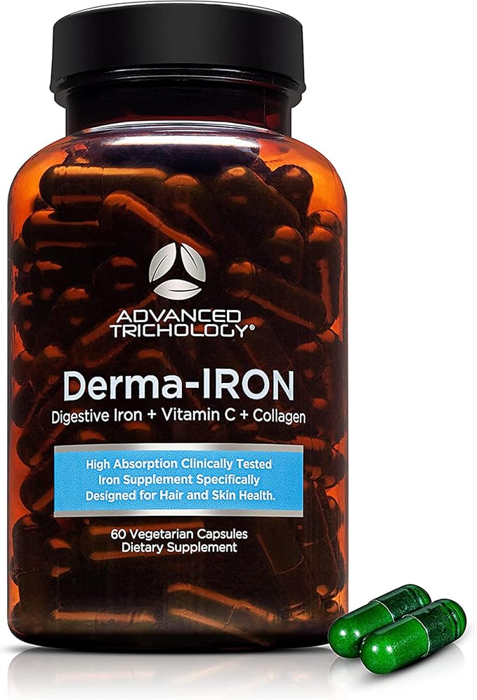 Derma-Iron Supplement for Women and Men - Iron blood builder pills for hair and skin with Collagen and natural Vitamin C, low iron and ferritin, thinning hair, hair loss support