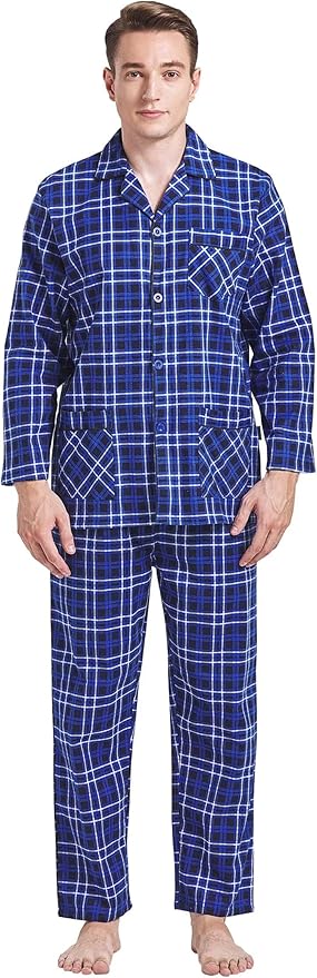 GLOBAL Men's Pajamas Sets 100% Cotton Flannel Sleepwear Long-Sleeve top & Bottom