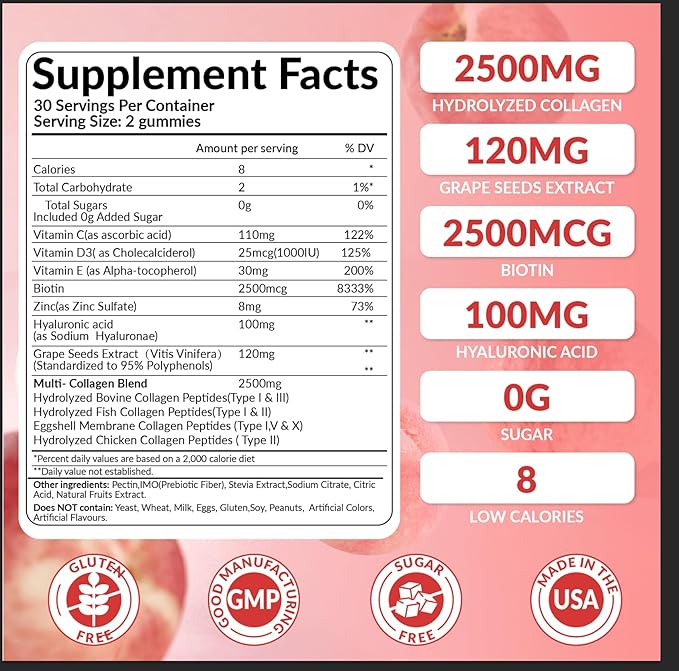 2500mg Centre-Filled Collagen Peptides Gummies for Women & Men with Biotin, Vitamin D3, Hyaluronic Acid | Supports Skin Hair Nails & Joints, Sugar-Less Colageno Hidrolizado for Women, 60 Servings
