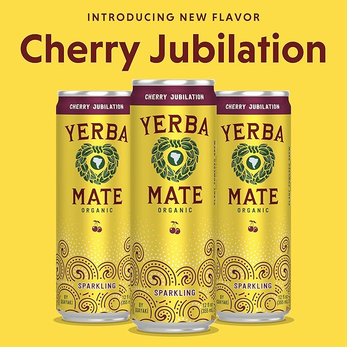 Yerba Madre Organic Sparkling Yerba Mate, Cherry Jubilation, 80mg Natural Plant Based Caffeine, Smooth Energy & Focus, Carbonated, 12 Oz (Pack of 12)
