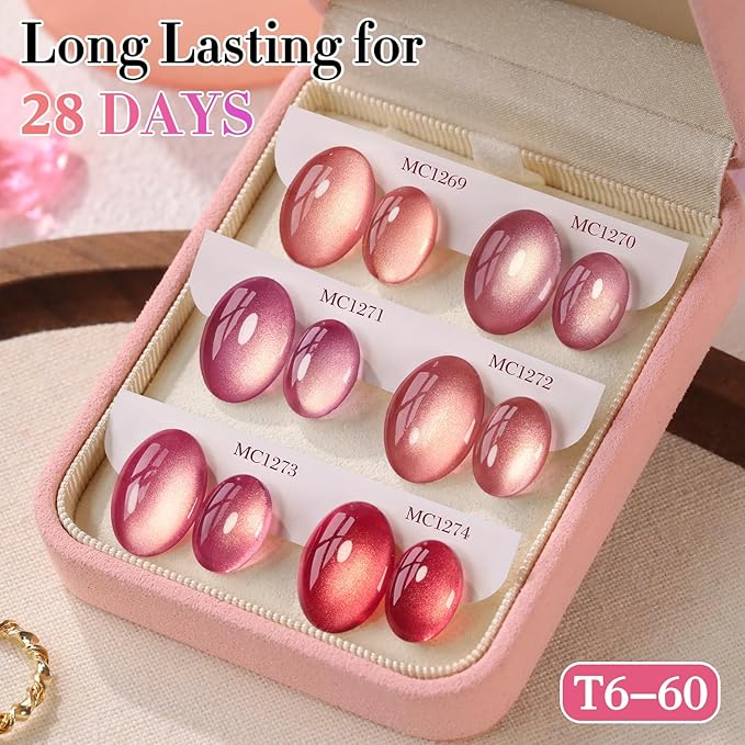 Double Rhythm Cat Eye Gel Nail Polish Set of 6 Same Color Same Bottle 0.5 Oz Shimmer Glitter with Magnet Holographic Reflective Magnetic UV Nail Polish Kit at Home (Golden Rose Pink-T6-60)