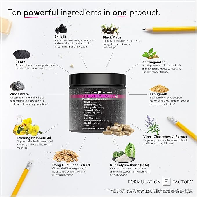 She's Obsessed: 10-in-1 Hormone Balance Maximizer with Shilajit, Maca, Ashwagandha, DIM, Dong Quai, Zinc & More for Vitality & Balance 240 Count (Pack of 2)