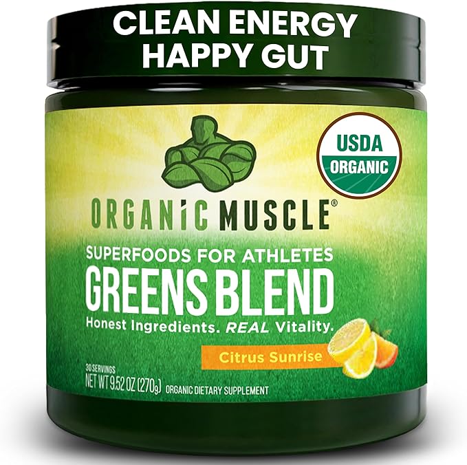 Organic Muscle Super Greens Powder Organic Superfood Powder with Probiotics, Spirulina, Chlorella, and Matcha| Non-GMO, 30 Servings