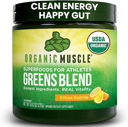 Organic Muscle Super Greens Powder Organic Superfood Powder with Probiotics, Spirulina, Chlorella, and Matcha| Non-GMO, 30 Servings