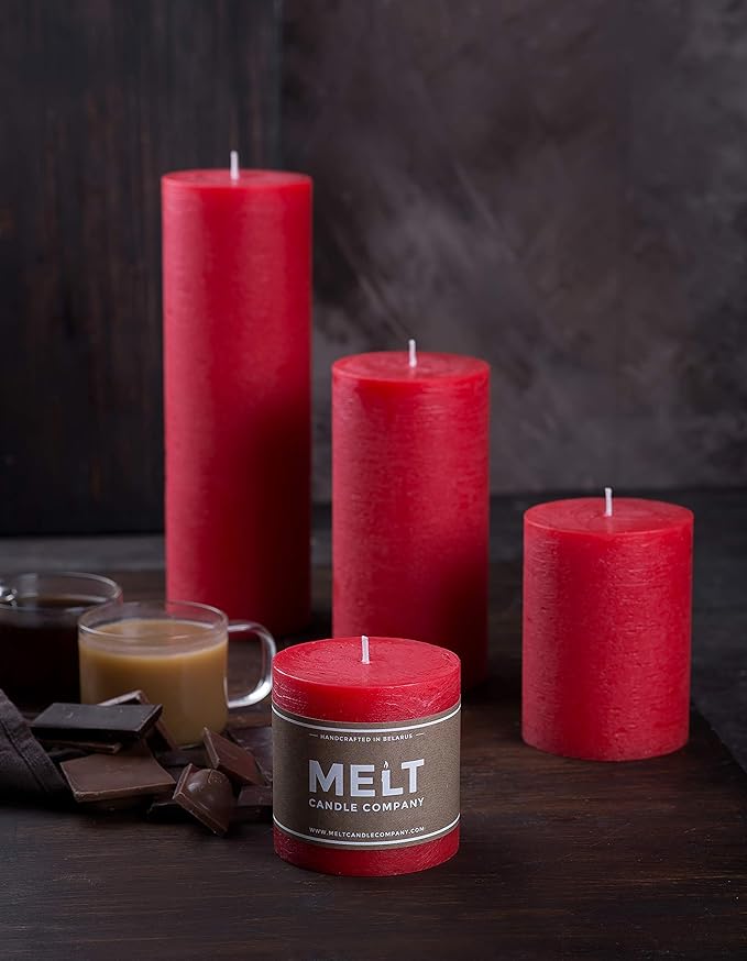 Melt Candle Pillar Candles, 3 Pack - Unscented Candles for Home, Church, Weddings, & More - 3" x 4", Red