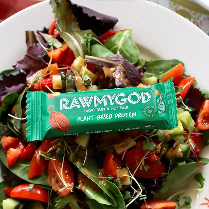 RAWMYGOD Fruit and Nut Bars, Good Source of Protein (4.8g, 12% protein content), Gluten Free, Vegan, No Added Sugar (16 bars, Fruit & Nuts)