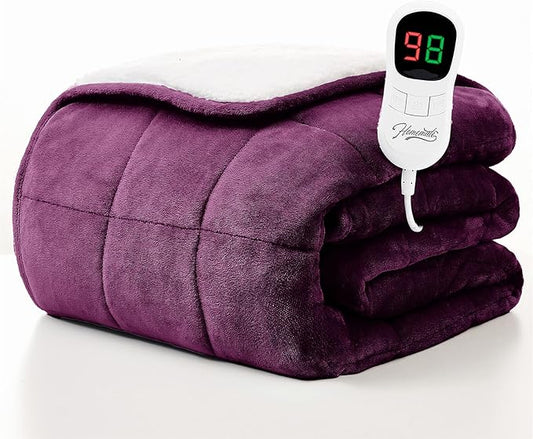 Homemate Heated Weighted Blanket for Adults - 62"x84" 20lbs Electric Throw Fast Heating Heavy Blanket 1/2/4/6/8 Hour Auto Off 10 Heat Levels Over-Heat Protection Soft Flannel Sherpa