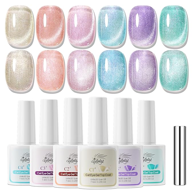 5-in-1 Cat Eye Gel Polish Kit, 6PCS-7.5ml No Base/Top Coat Needed, All-in-One Formula, Beginner-Friendly Magnetic Nail Art Set with Magnet Sticks, Fast Curing for Home DIY Manicure