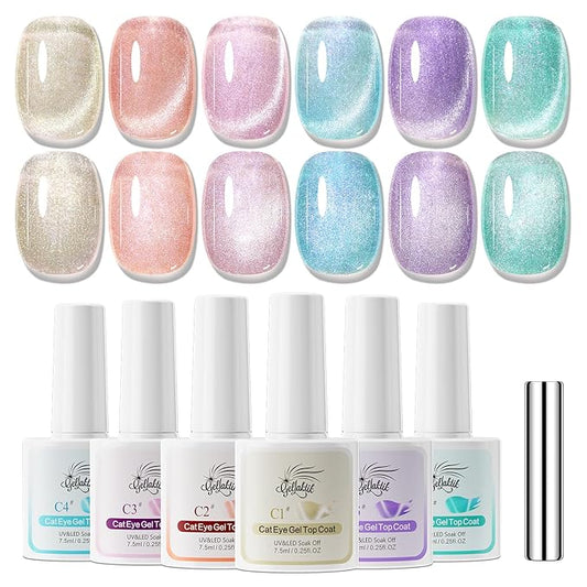 5-in-1 Cat Eye Gel Polish Kit, 6PCS-7.5ml No Base/Top Coat Needed, All-in-One Formula, Beginner-Friendly Magnetic Nail Art Set with Magnet Sticks, Fast Curing for Home DIY Manicure