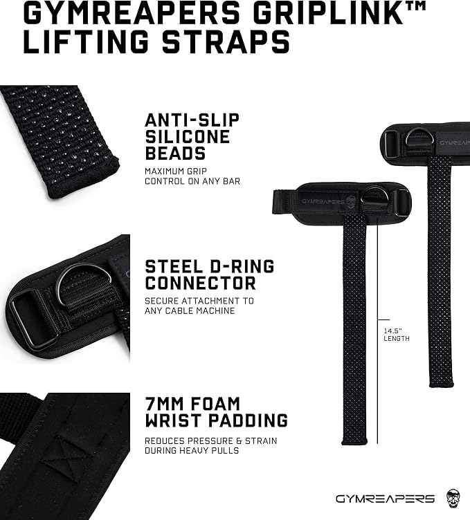 Gymreapers GripLink Lifting Straps – Heavy Duty D-Ring Weight Lifting Wrist Straps with Anti-Slip Silicone Grip Beads, Cushioned & Adjustable Support for Deadlifts, Powerlifting, Cable Machines & Gym Training