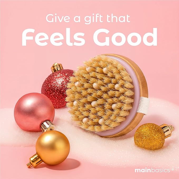 MainBasics Dry Brushing Body Brush for Lymphatic Drainage, Dry Skin, Cellulite, Blood Circulation with Exfoliating Natural Bristles and Massage Nodes for Flawless Skin