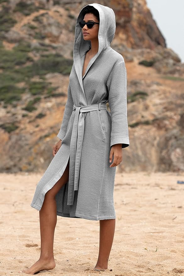 SEYANTE Women’s Luxury Waffle Shawl Collar, Hooded Robe w Piping – Lightweight, Long, Ultra Soft Spa Sleepwear Bathrobe