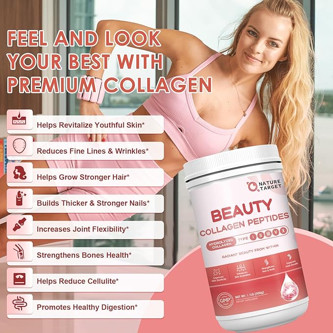 NATURE TARGET Beauty Collagen Peptides Powder for Women, Multi Collagen Powder with Vitamin C, Biotin, Hyaluronic Acid – Unflavored, Keto Friendly, Easy Dissolve, Non-GMO, 50 Servings